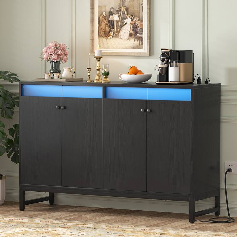 4 Doors Accent Cabinet with Power Outlet, Buffet Cabinet Storage Bar Cabinet with LED Light