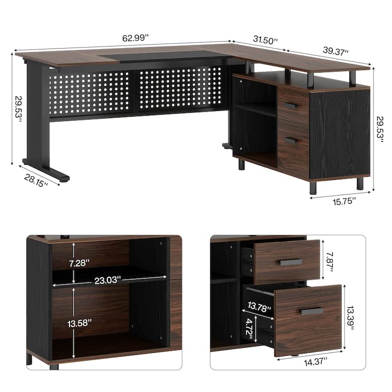 63 Inch Executive Desk with File Cabinet, L Shaped Desk with Drawers and Shelves for Home Office