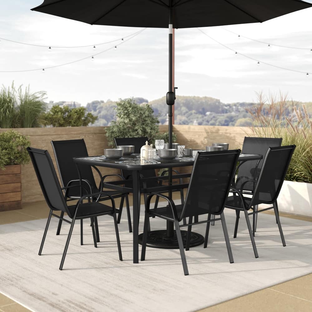 7 Piece Patio Dining Table and Chairs Set with Glass Table and 6 Chairs