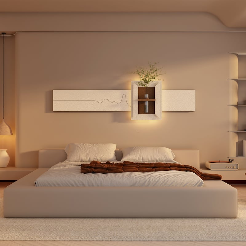 Roomfitters LED Sandstone Wall Art with 3D Vase, 3 Color Light Strip & Fake Rabbit Statue for Living Room, Light Coffee