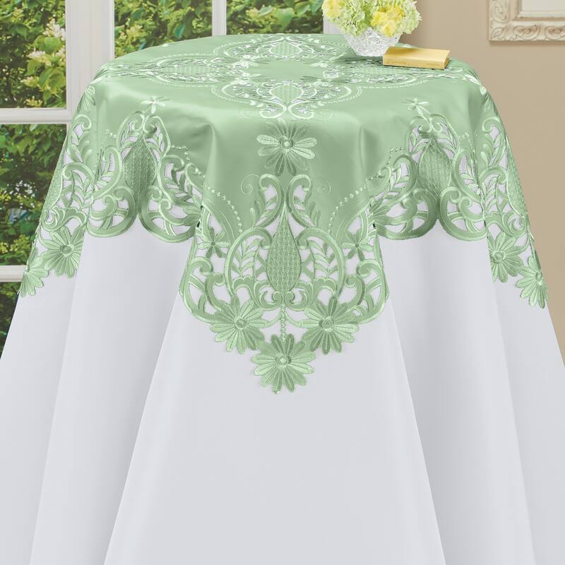 Elegant Embroidered Daisies Intricate Cut-Out Table Linens - Sage - Square