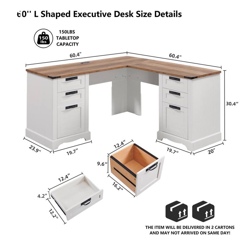 L Shaped Desk, Wood Office Desk with Charging Station, File Drawer