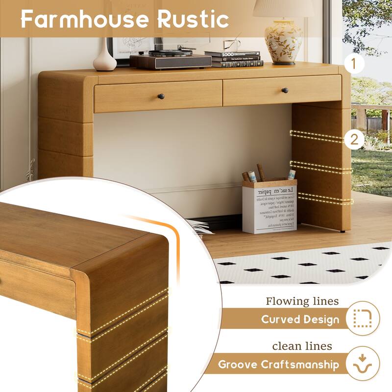 Curved Farmhouse Console Table with Storage, Wooden Entryway Table with 2 Drawers for Hallway