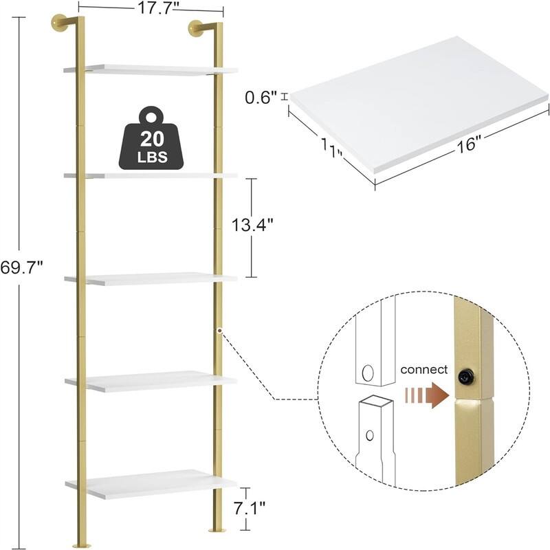 5 Tier Bookshelf Solid Wood Ladder Shelf - 11"D x 17.7"W x 69.9"H