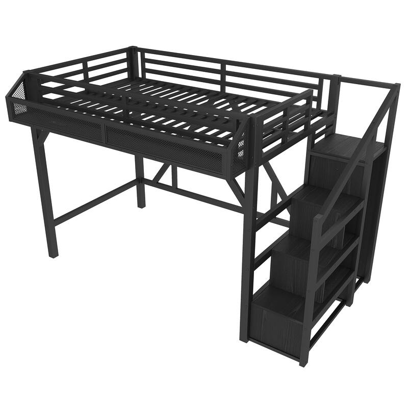 Roomfitters Metal Loft Bed with Wardrobe and Storage Stairs, LED Lights and USB