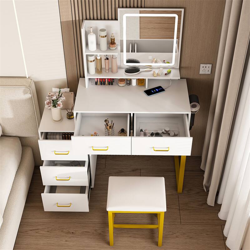 Makeup Vanity with Chair,LED Lights,Power Outlet and 5 Drawers