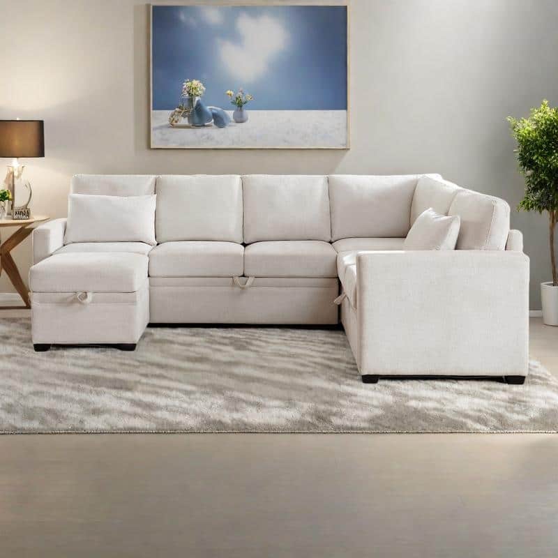 105.5" U-Shaped 5-Seater Sleeper Sofa with Pull-Out Bed and Storage Ottoman - Beige