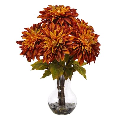 Silk Dahlia Flower Arrangement with Vase - 17" Fall Home Decor Centerpiece - Faux Blooms for Tabletop Display - 17