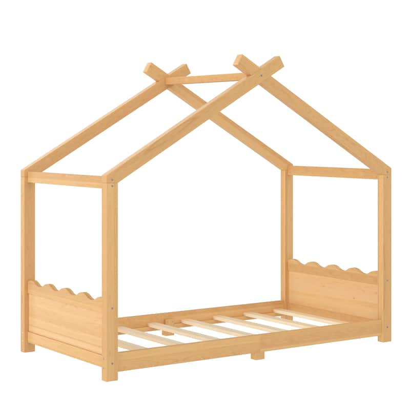 Roomfitters House Floor Bed with Support Slats, Solid Wood Open Frame Design