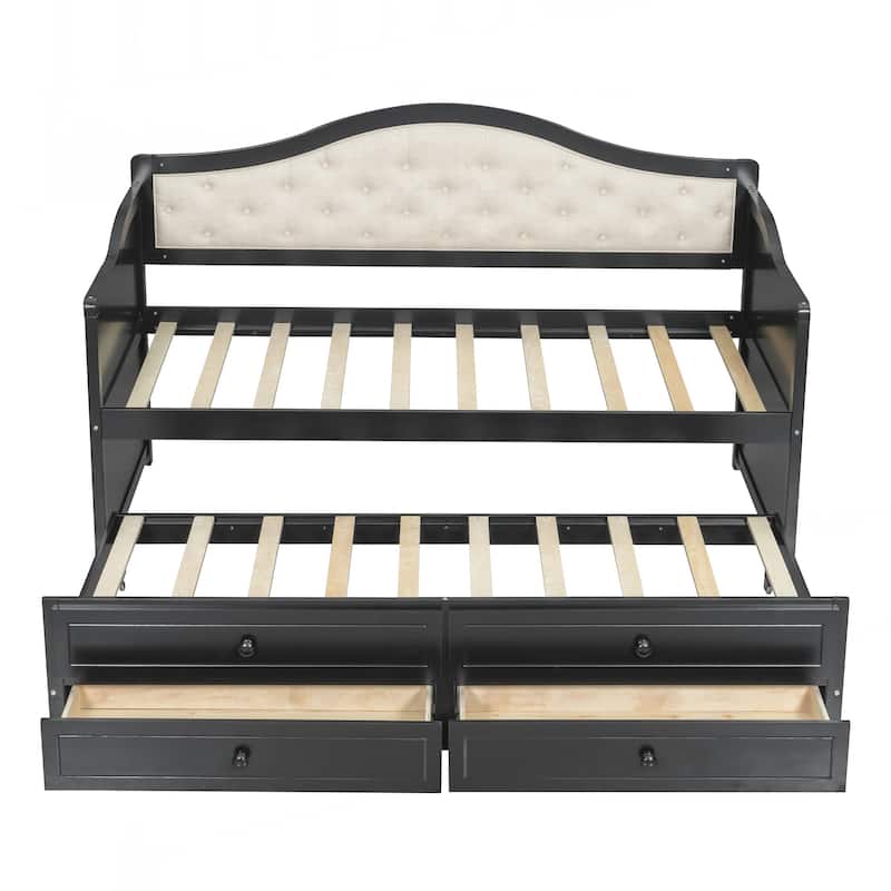 Twin Daybed with Trundle, Twin Size Daybed with 2 Storage Drawers, Wooden Sofa Bed with Upholstered Button Tufted Backrest