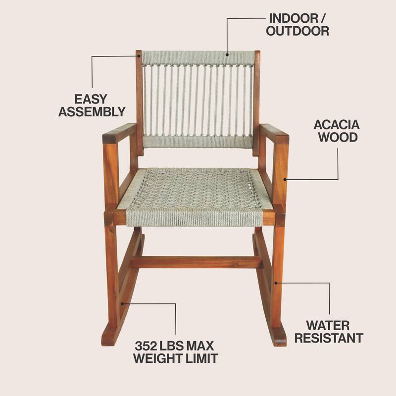 JONATHAN Y Laguna Coastal Casual 352-LBS Support Acacia Wood and Woven Rope Outdoor Rocking Chair