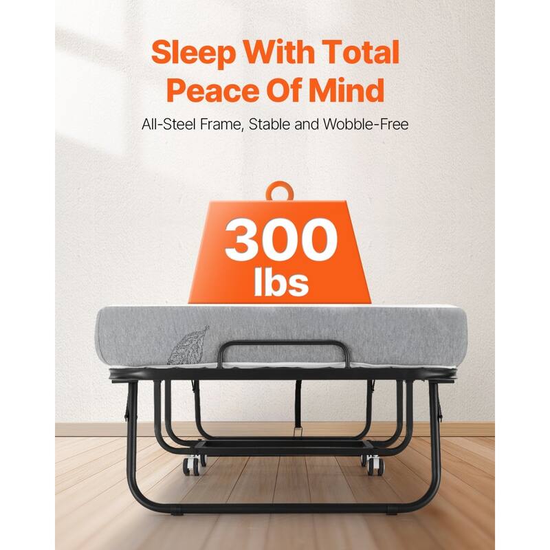 White Polyester Rollaway Folding Bed with 5 Inches Foam Mattress and Steel Frame