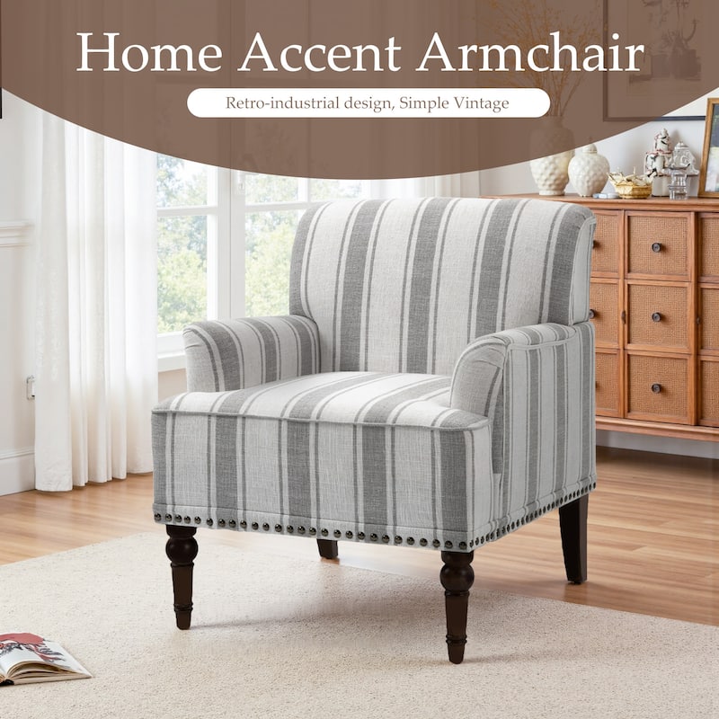Set 2 Striped Upholstered Linen Armchair with Brass Nailhead Trim