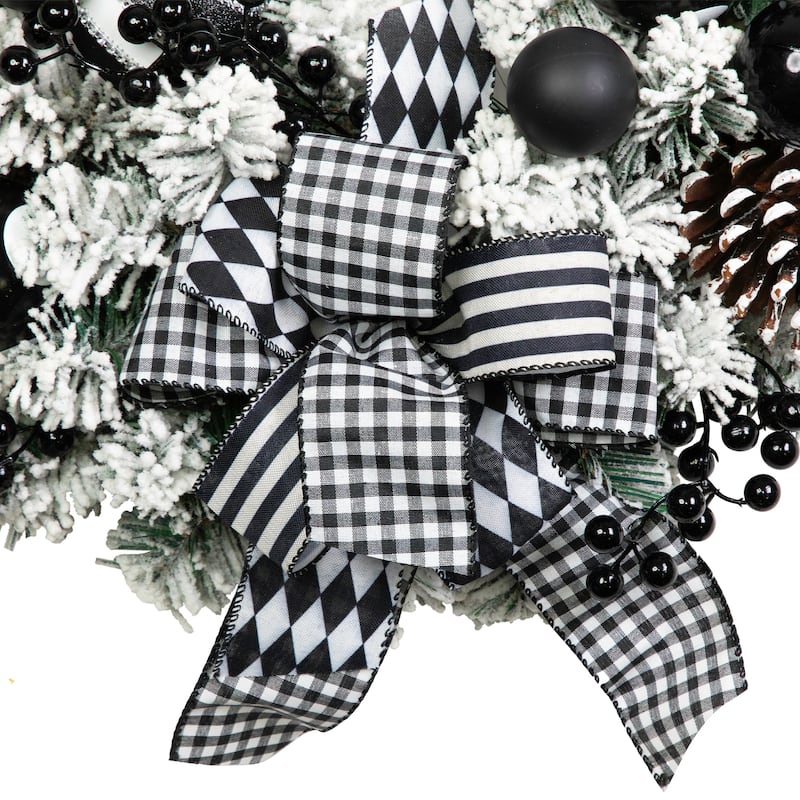 Flocked Pine with Harlequin Bows and Ornaments Christmas Wreath - 24" - Unlit
