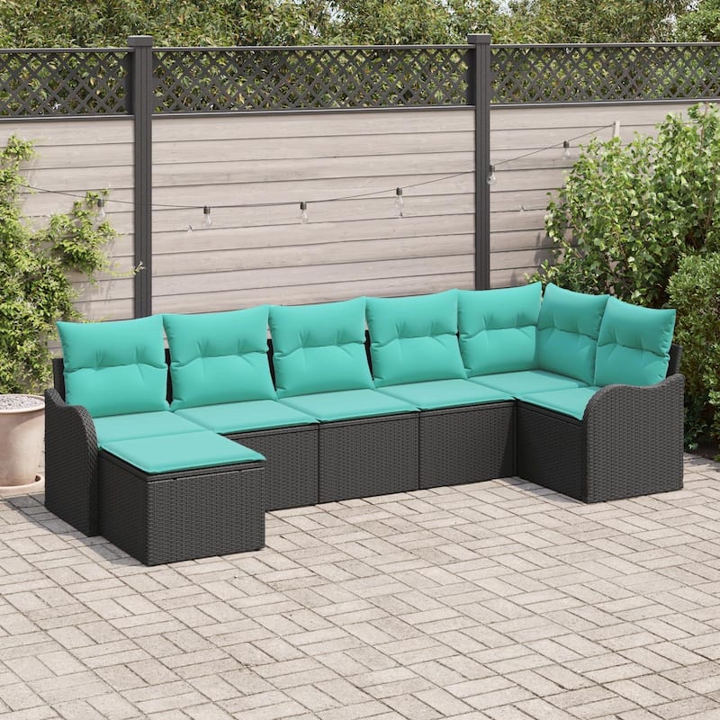 vidaXL 7 Garden Sofa Set with Cushions Black Poly Rattan - 113.2 x 48.2 x 27.2 - Black without table