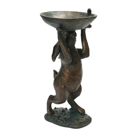 Decorative Resin Rabbit Bird Bath, Green Patina Finish