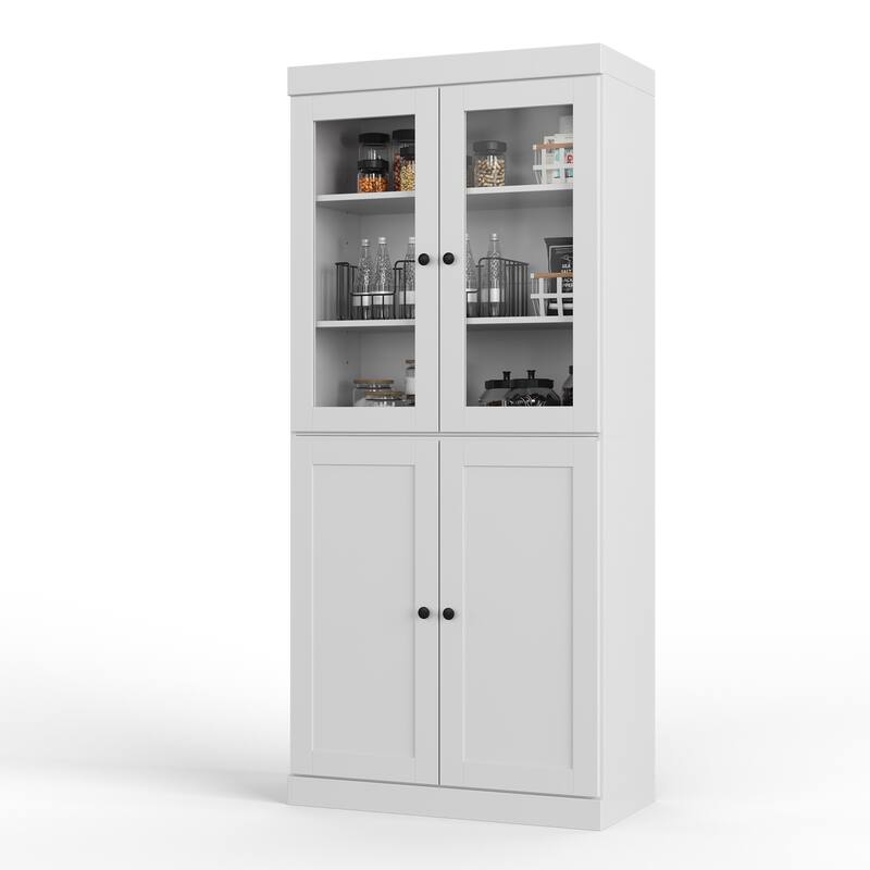 Palace Imports 100% Solid Wood 32" Pantry Cabinet with Clear Glass, Shaker Doors, 2-Drawers and Adjustable Shelves - White
