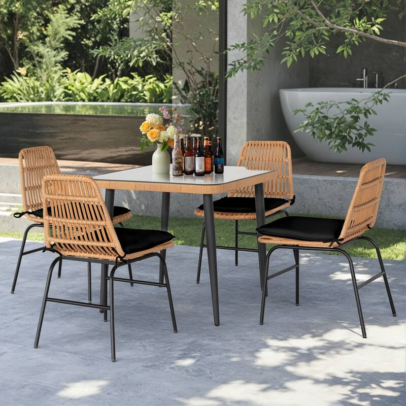 5 Piece Outdoor Dining Set, Glass Table with Woven Chairs for Patio, Balcony & Garden - 24.01"L x 20.87"W x 28.74"H
