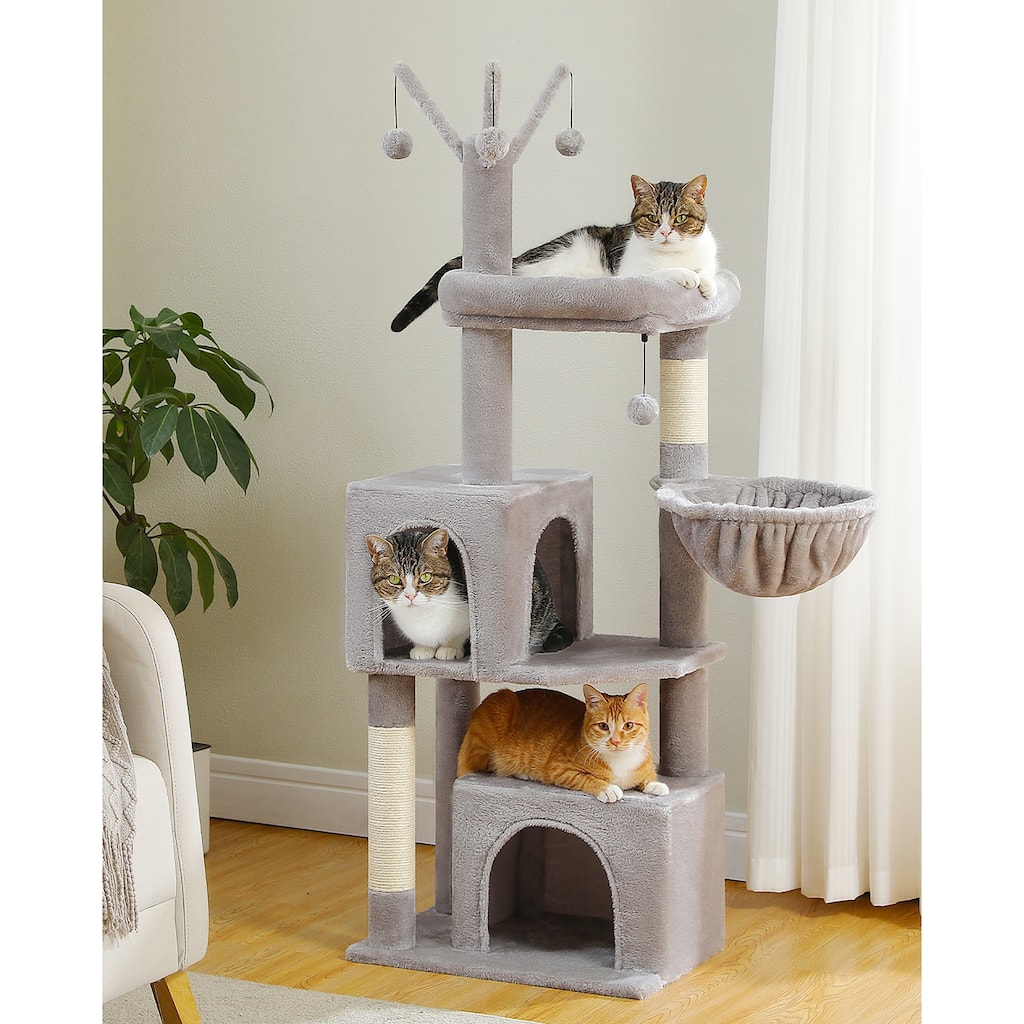 53" Tall Cat Tree Cat Tower with 2 Cat Condos, Hammock and 3 Removable Pompom Sticks & Scratching Posts