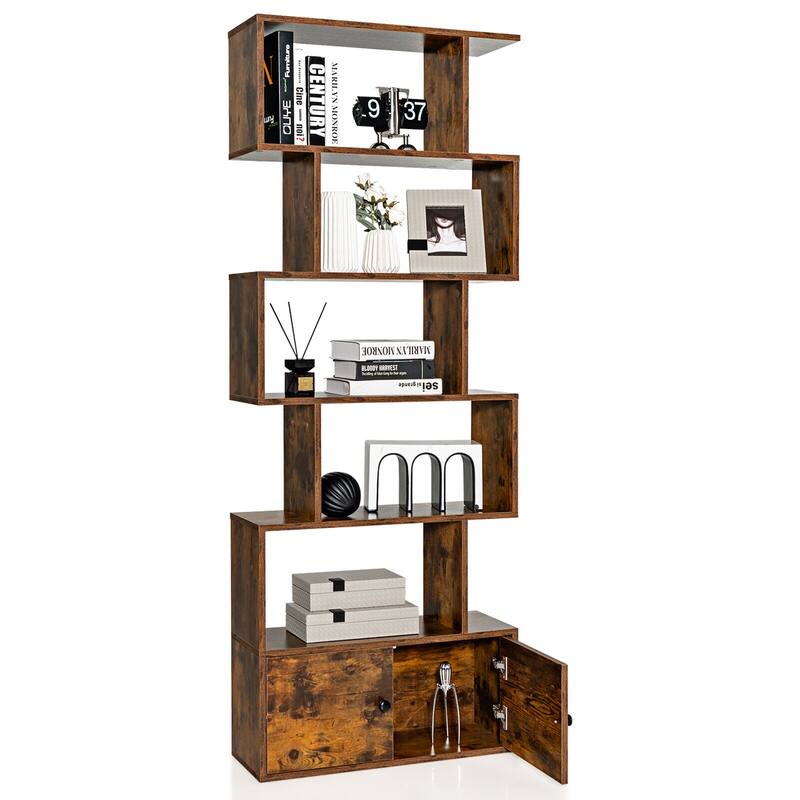 6-Tier Freestanding Modern S-Shaped Bookshelf with Storage Cabinet for Living Room and Office Use - 27.5" x 9" x 72" (L x W x H)