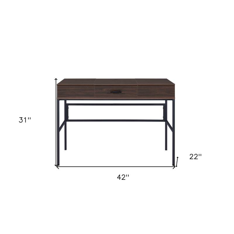 Wood Writing Desk with USB Port, Drawer and Black Metal Base