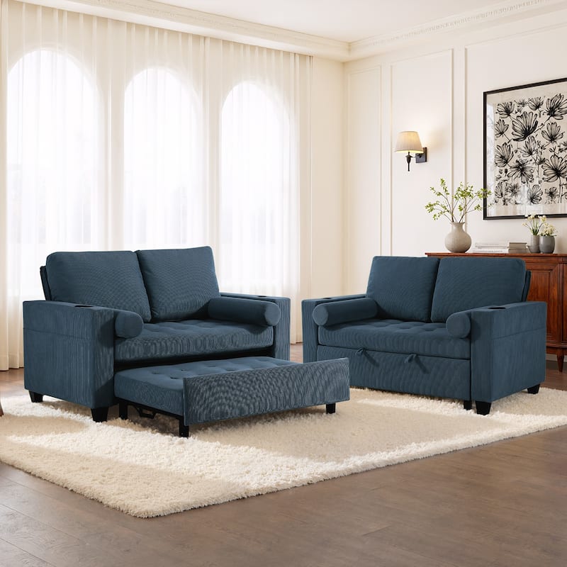 2 Set Corduroy Convertible Sleeper Sofa Bed Loveseats with Cup Holder, USB Ports & Storage