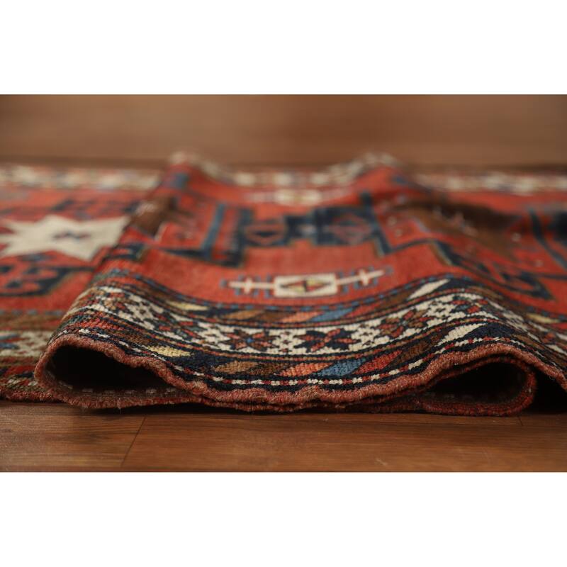 Hand Knotted Oriental 100% Wool Carpet Traditional Tribal Red Kazak Runner Rug - 13' 3'' X 3' 10''