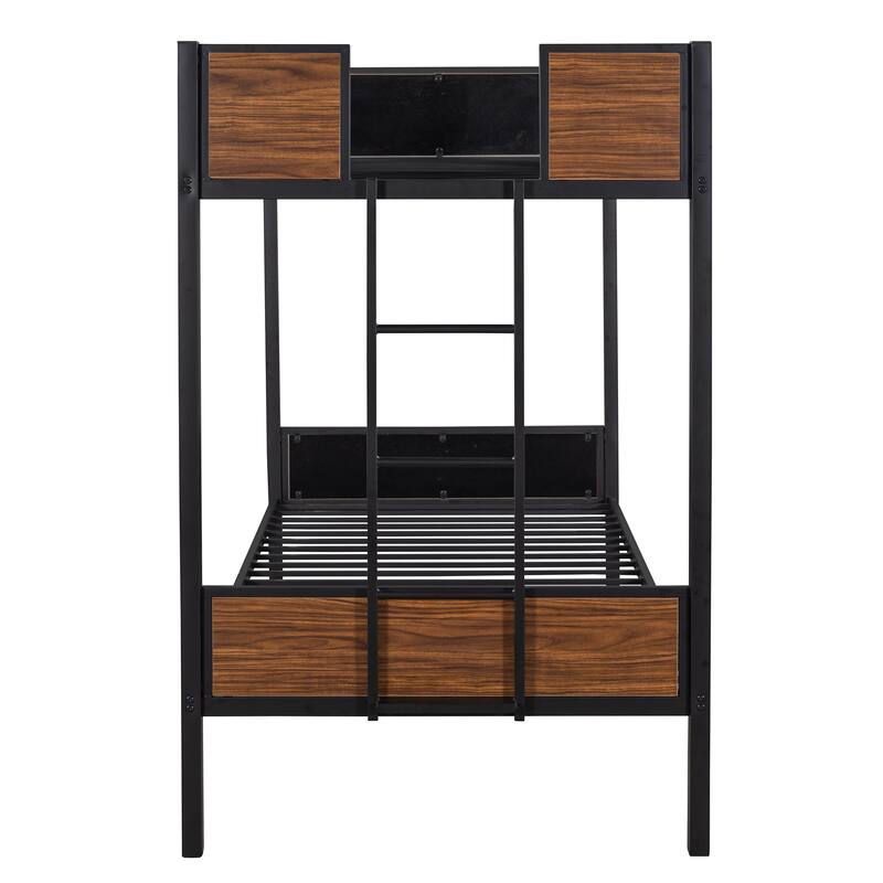 Twin/Full Size Bunk Bed with Steel Frame, Safety Rail, and Built-In Ladder, Space-Saving Design for Kids and Adults