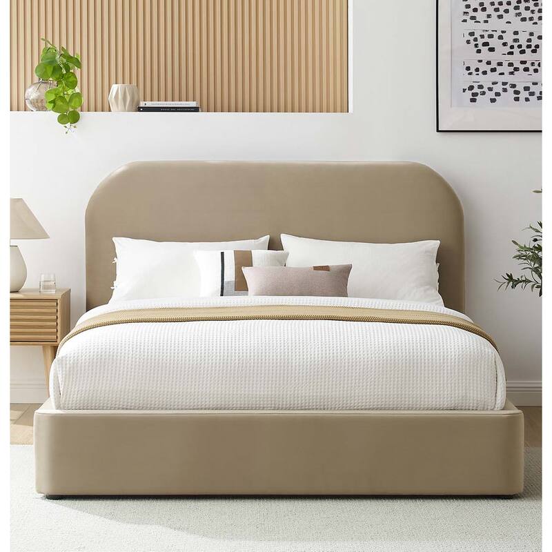 Hillsway Modern Curved Headboard Taupe Velvet Upholstered King Size Platform Bed