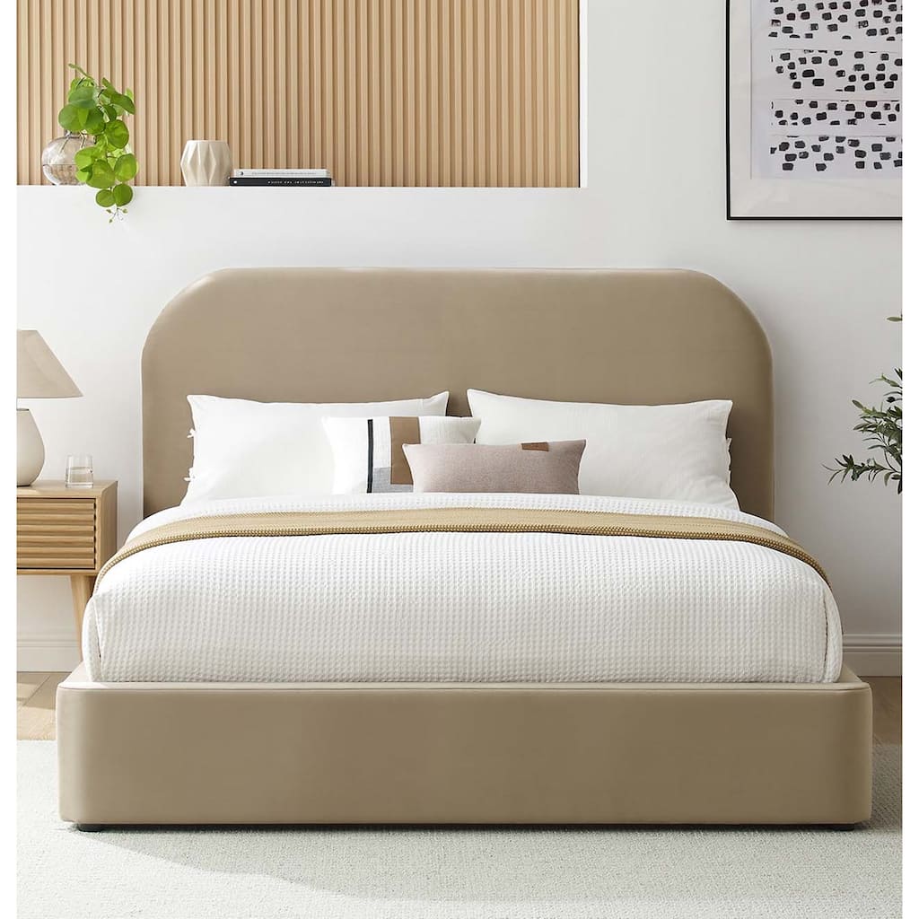 Hillsway Modern Curved Headboard Taupe Velvet Upholstered King Size Platform Bed
