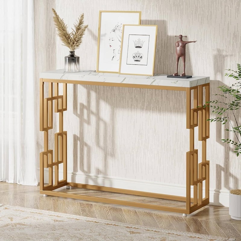 White Gold MDF Wood Console Sofa Table with Faux Marble Top and Metal Frame - 11.81"D x 42.51"W x 31.49"H