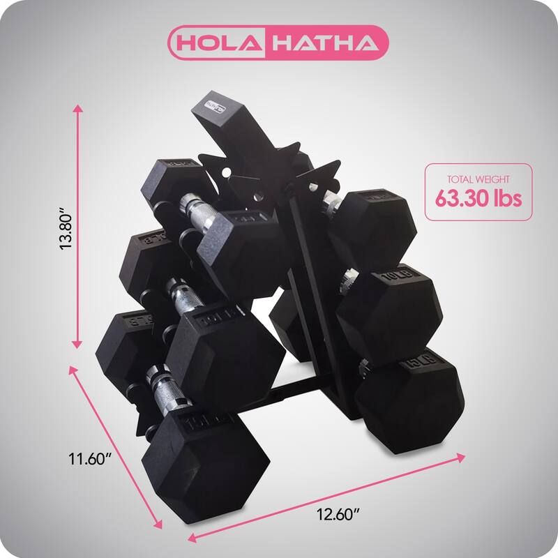 HolaHatha Hexagonal Dumbbell Free Hand Weight Set w/ Rack, 5, 8, & 10 Lbs, Black