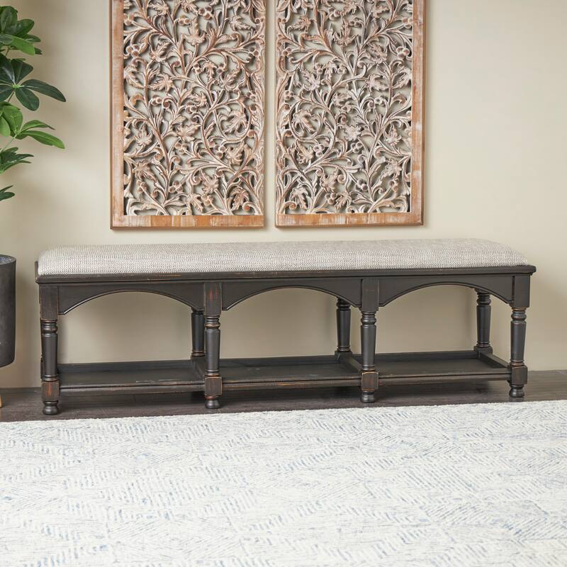 Fabric Arched Storage Bench with Traditional Turned Legs and Beige Cushion - Black - Roche River Decor - 16"Wx59"Lx19"H