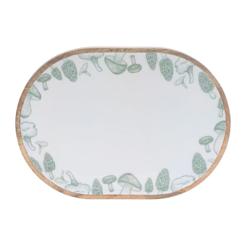 Wood Mushroom and Floral Print Tray (Set of 2)