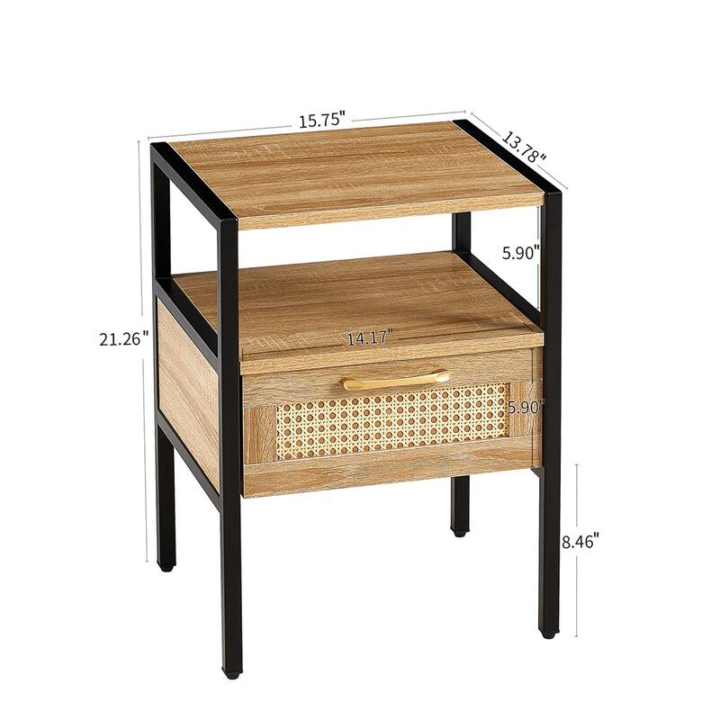 Rattan Nightstand Set of 2, 15.75" Rattan End Table W/Drawer, Solid Wood Legs, Farmhouse Small Side Table