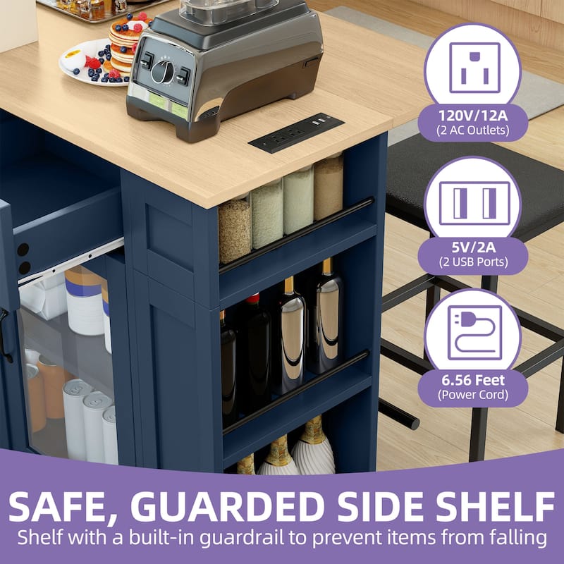 47 Inch Mobile Kitchen Island with 2 Seating Spaces Rolling Cart and Built-in Power Outlet for Convenient Storage and Dining