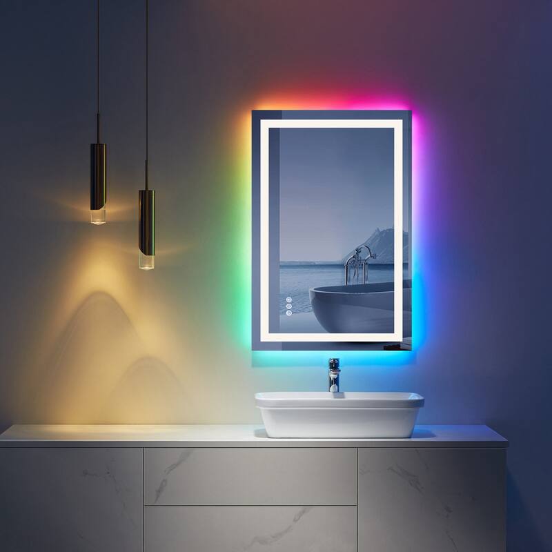Super Bright RGB Backlit & LED Frontlit Anti-Fog Bathroom Vanity Mirror in Tempered Glass & ETL