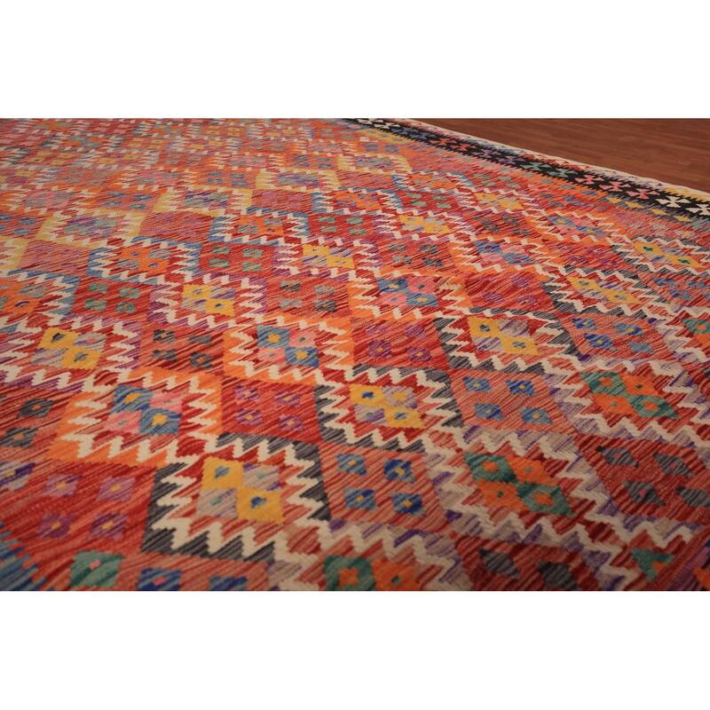 Orange Geometric Kilim Oriental Area Rug Flatweave Wool Carpet - 8'3" x 11'8"