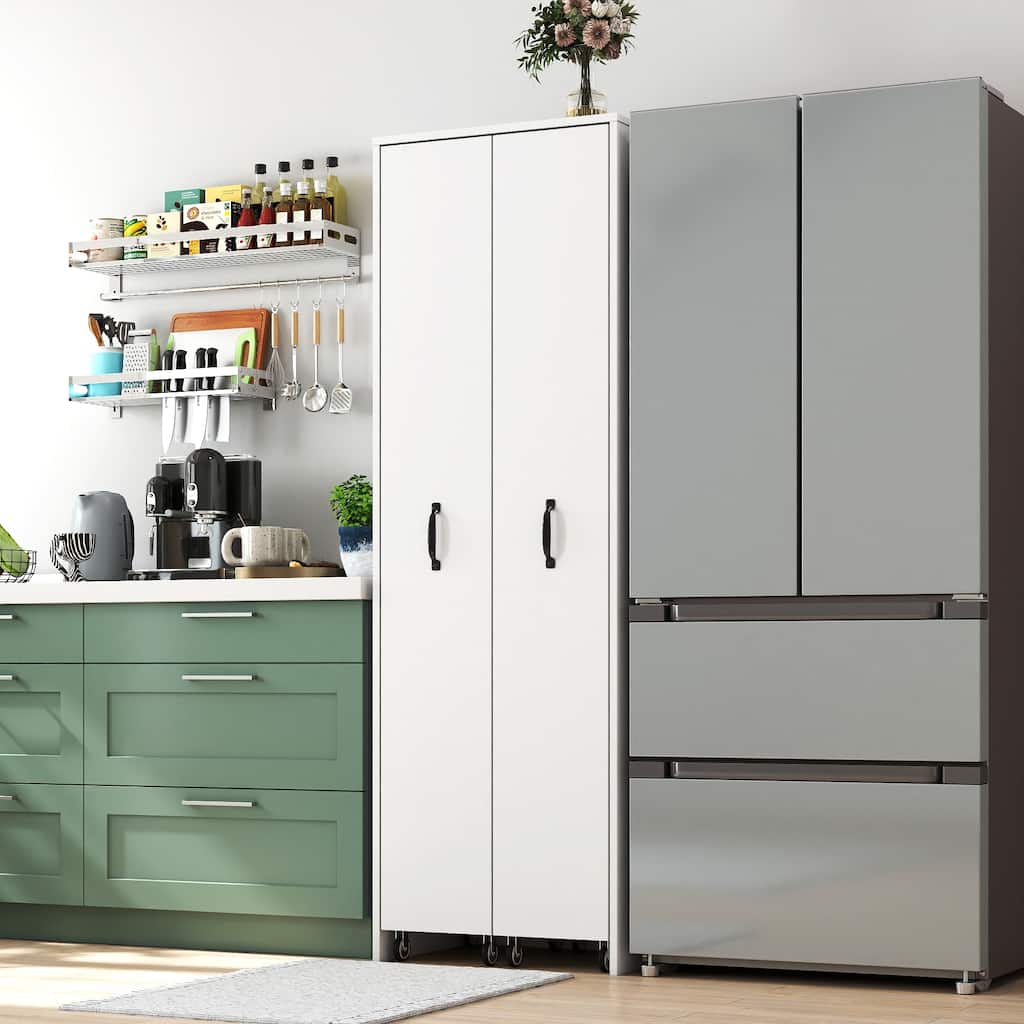 Bookcase with Two Pulled Out Doors Shelving Cabinet,4 Tier Floor Standing Bookcase,Slide Out Hidden Storage Cabinet with Wheels