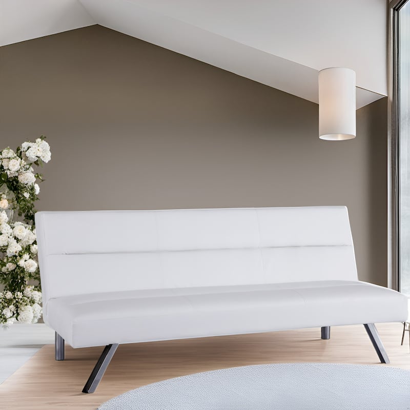 Modern Faux Leather Futon Sofa Bed - Convertible Folding Couch with Chrome Legs, Small Reclining Sofa