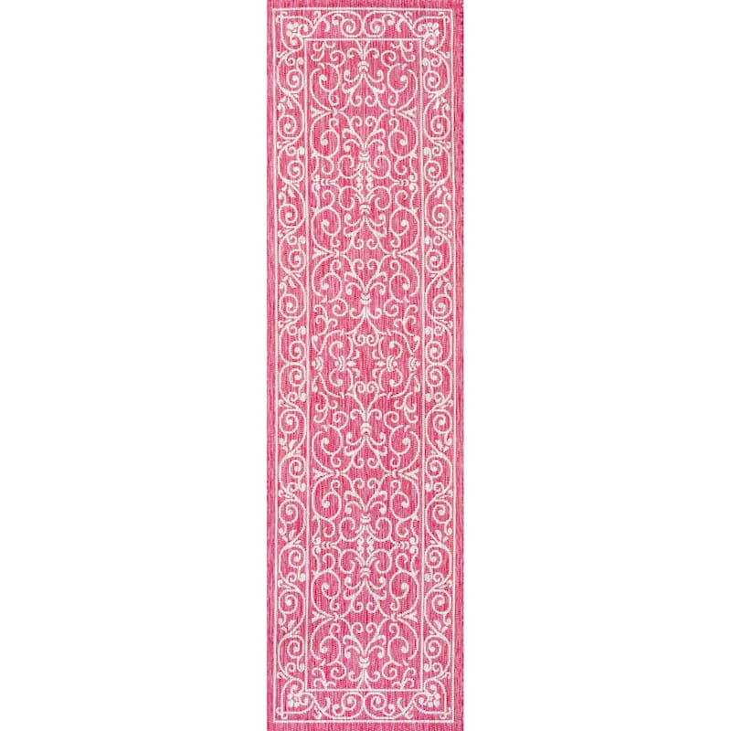 JONATHAN Y Filigree Textured Weave Indoor/Outdoor Area Rug - 2 X 10 - Fuchsia/Light Gray