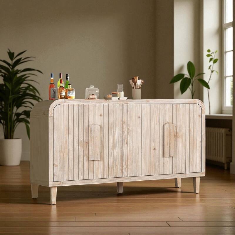 59'' Farmhouse Curved Vintage Sideboard Buffet Cabinet with Vertical Wood Grain Doors and Adjustable Shelves for Dining Room