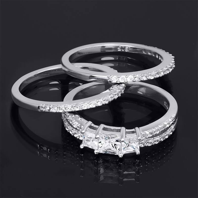 Womens Genuine 1.00 Carat Wedding Band Engagement Ring Set Silver