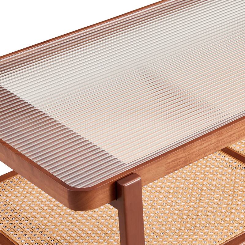 Roomfitters Walnut Solid Wood Coffee Table with Rattan Shelf, Glass Top Rectangle Tea Table for Living Room or Bedroom