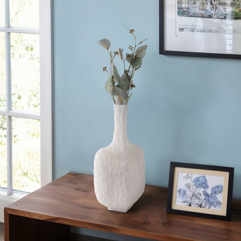 Resin Geometric Vase Textured Square Base For Home Decor - 15" White