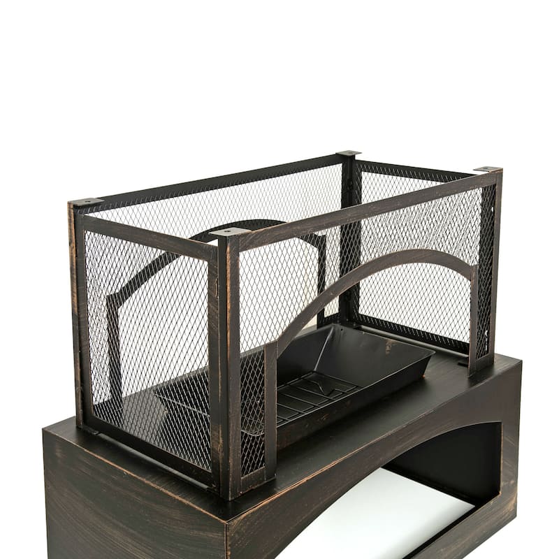 37-Inch Rectangular Metal Outdoor Wood Burning Fireplace - Outdoor Fireplace with Built-in Log Storage and Poker-Brushed Bronze