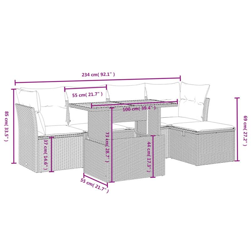 6 Piece Garden Sofa Set with Cushions - 21.7 x 39.4 x 28.7 in