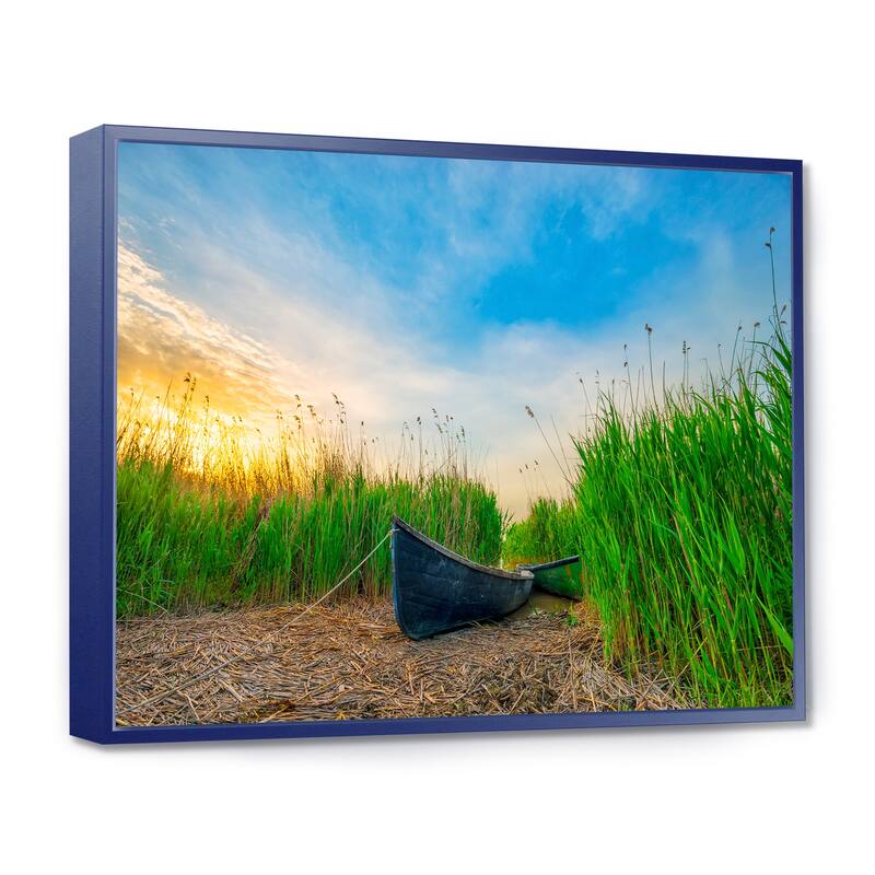 Designart "Old Fisher Boat Near Lake" Landscape Photography Framed Canvas Print - 32 in. wide x 16 in. high - Blue