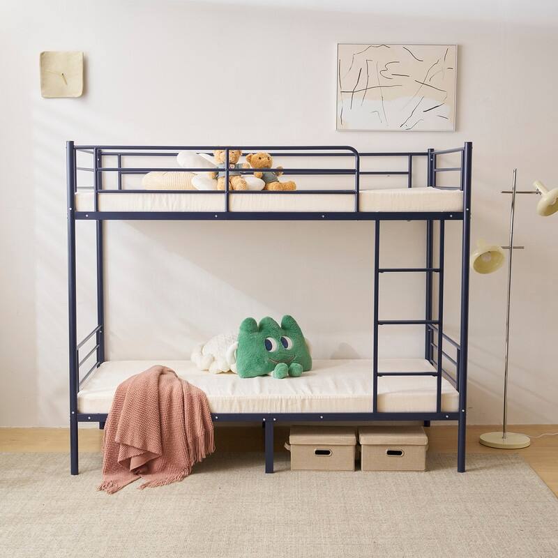 Iron Bed Bunk Bed with Ladder for Kids Twin Size White