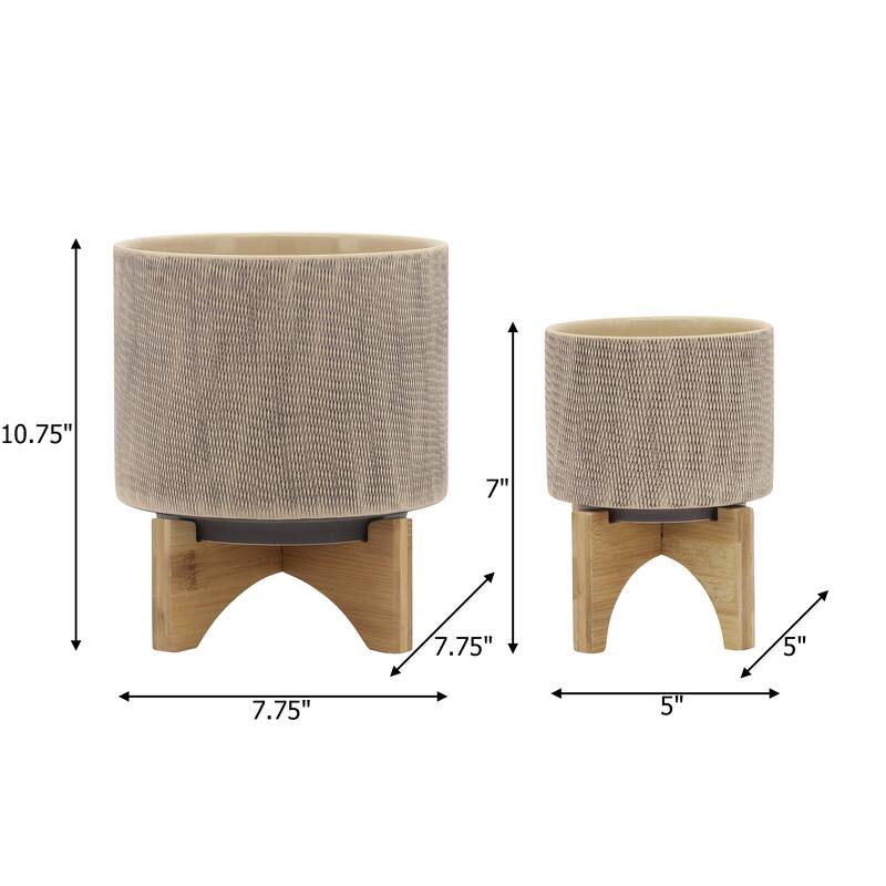 Sagebrook Home Modern Neutral Tan Ceramic Planter with Mesh Design on Stand